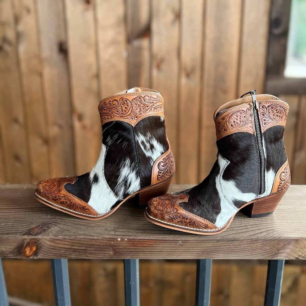 💯Hand Tooled Leather Genuine Cowhide Women Bootie Boot Boho Western Shoe ankle - Picture 5 of 16